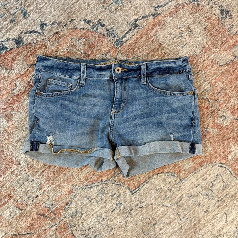 Arizona Jean Co Womens Blue Distressed Low Rise Denim Shorts Size 9 28 Waist